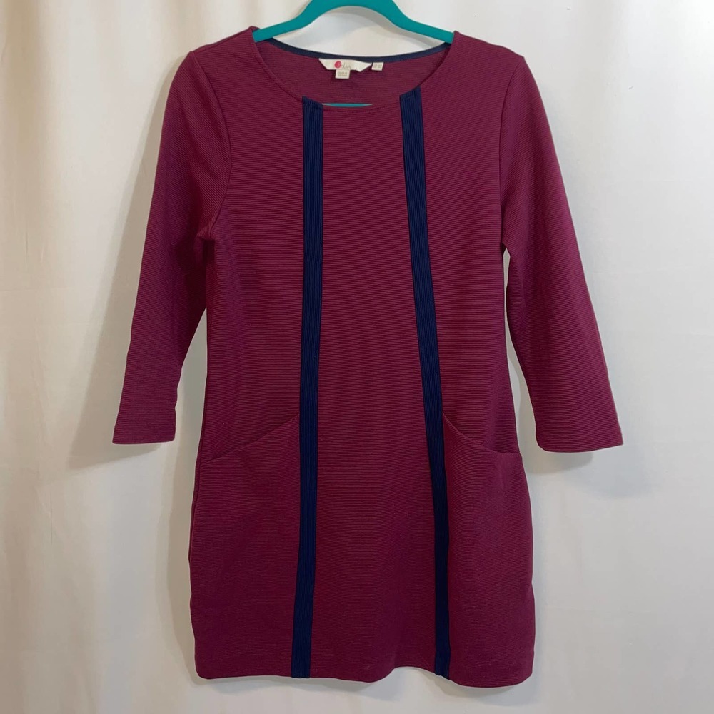 Boden Long Sleeve Pocket Maroon Wine Navy‎ Stripe Long Sleeve Crew Neck Dress 8